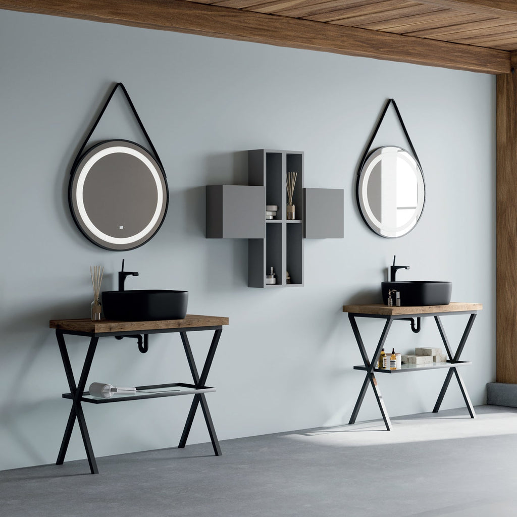  Mobile bagno in metallo nero con lavabo d'appoggio nero opaco e specchio led cm 80 top rovere naturale- Cubi&Co modello Destiny 4 by CeramicStore | Lo specialista del tuo bagno