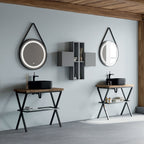  Mobile bagno in metallo nero con lavabo d'appoggio nero opaco e specchio led cm 80 top rovere naturale- Cubi&Co modello Destiny 4 by CeramicStore | Lo specialista del tuo bagno