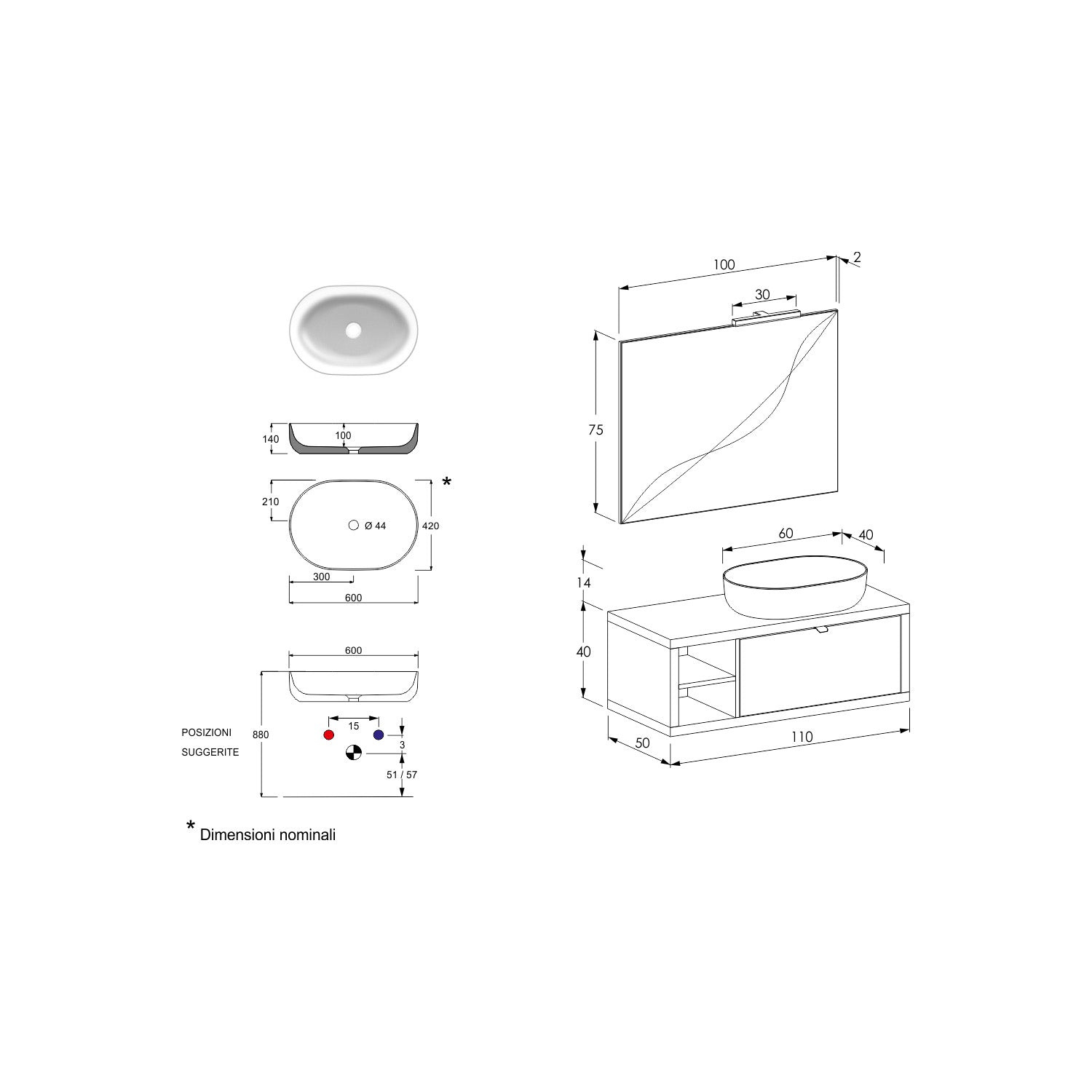  Composizione bagno sospesa Nyumba a 1 cassetto e vano a giorno con lavabo