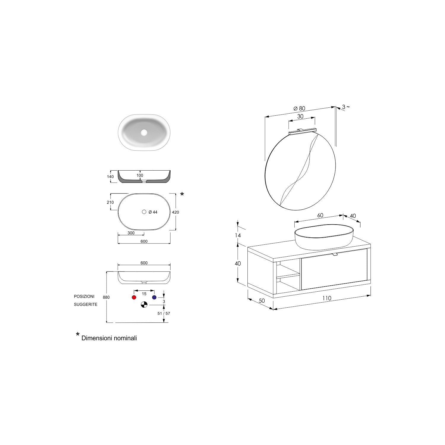  Composizione bagno sospesa Nyumba a 1 cassetto e vano a giorno con lavabo