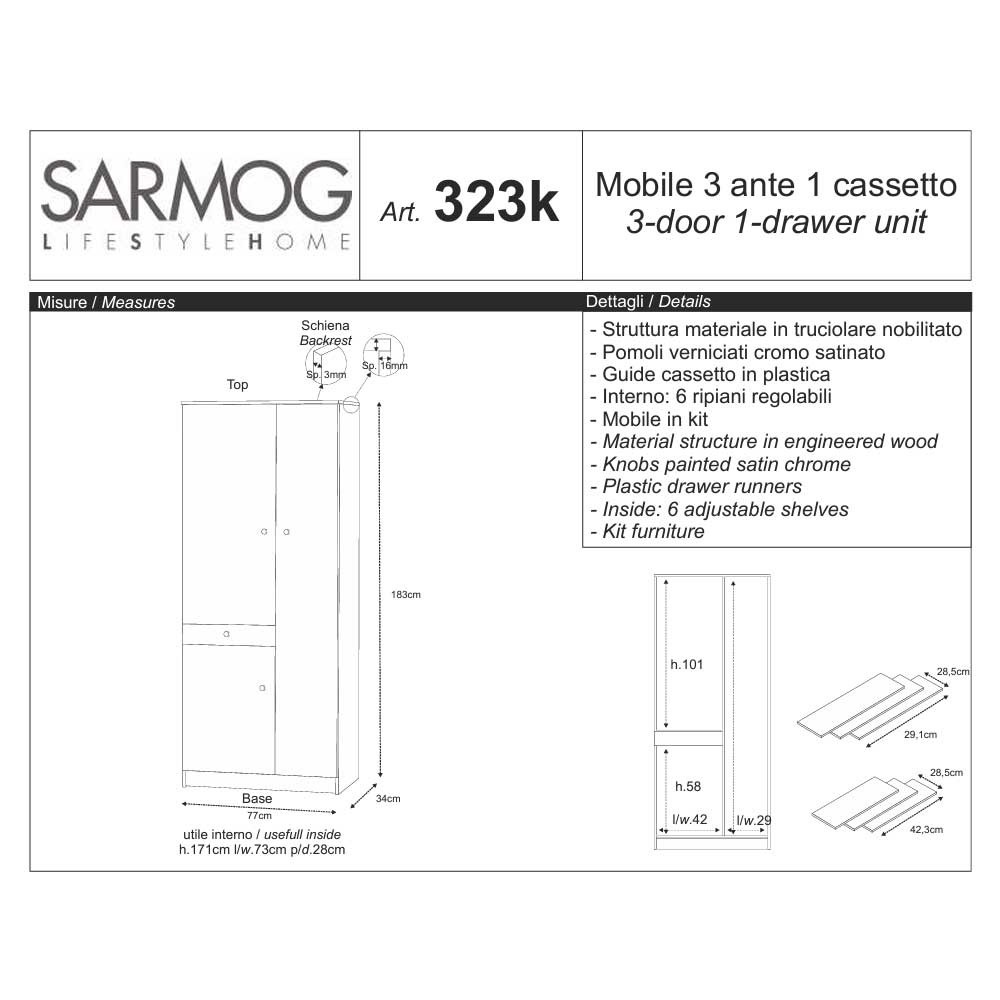  Mobile Multiuso a 3 ante e 1 cassetto con 6 ripiani regolabili finitura Eucalipto by Sarmog by CeramicStore | Lo specialista del tuo bagno