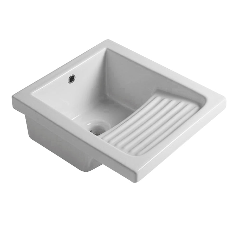 Lavatoio in ceramica bianca con foro troppo pieno. Con strizzatoio integrato Misure cm45