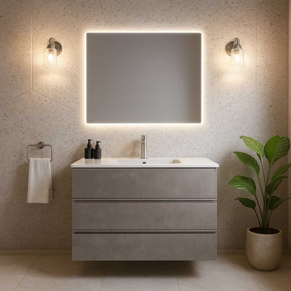 Composizione bagno sospesa Nexu 3 cassetti con lavabo specchio con lampada LED 100x90 cm - Grigio by CeramicStore | Lo specialista del tuo bagno