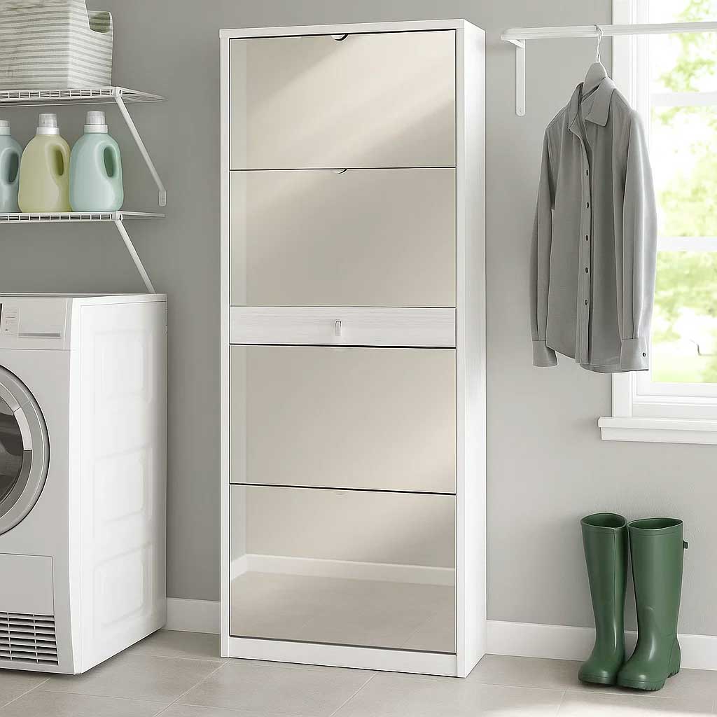 Elegante scarpiera a 4 ante + 1 Cassetto Centrale con maniglia satinata Profondità 29 cm finitura Ossido Bianco / Specchio Naturale by Sarmog by CeramicStore | Lo specialista del tuo bagno