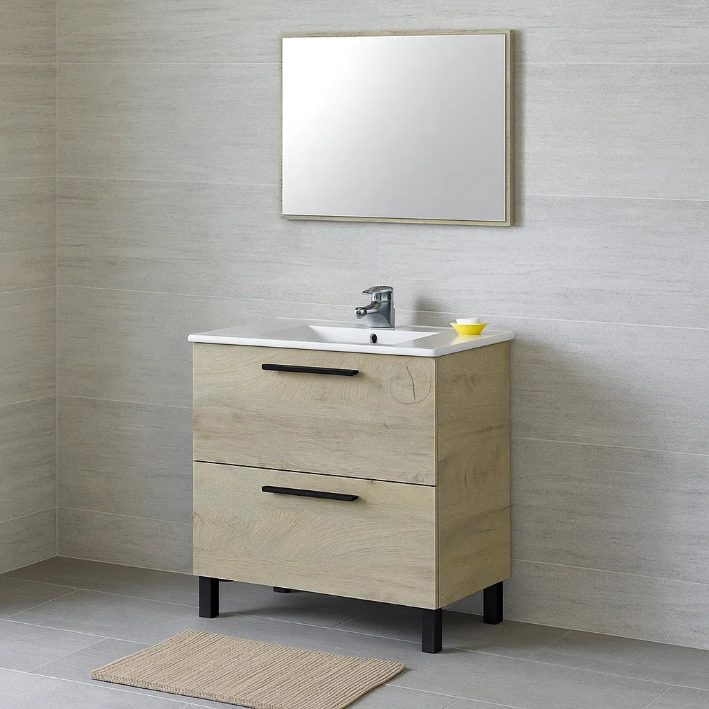Mobile bagno Line 2 cassetti con lavabo e specchio color Rovere Alaska cm 80 by CeramicStore | Lo specialista del tuo bagno