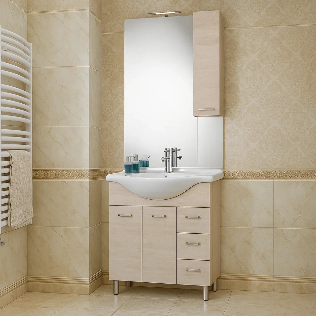 Mobile bagno modello Arianna con base 2 ante + Lavabo 75 + Specchiera finitura Olmo Bianco by CeramicStore | Lo specialista del tuo bagno