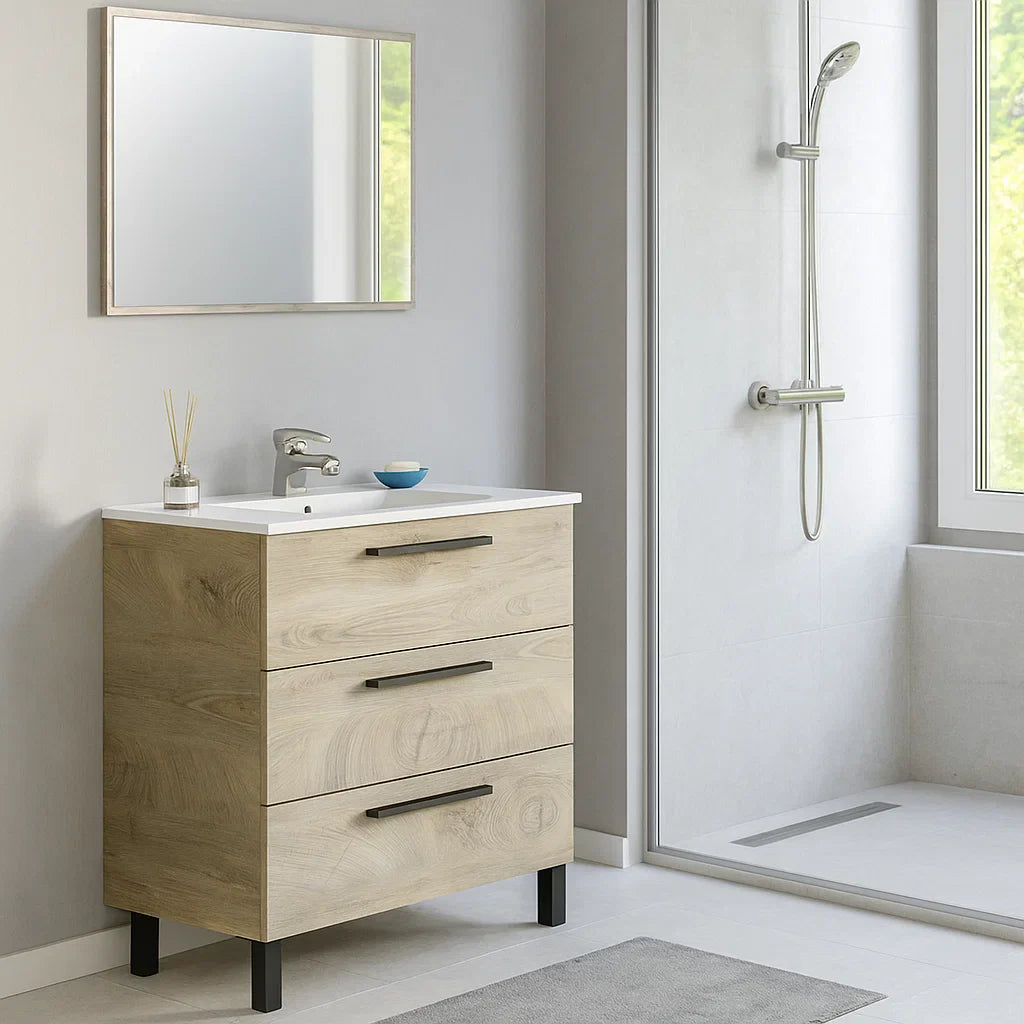 Mobile bagno Line completo di lavabo e specchio color Rovere Alaska cm 80 by CeramicStore | Lo specialista del tuo bagno
